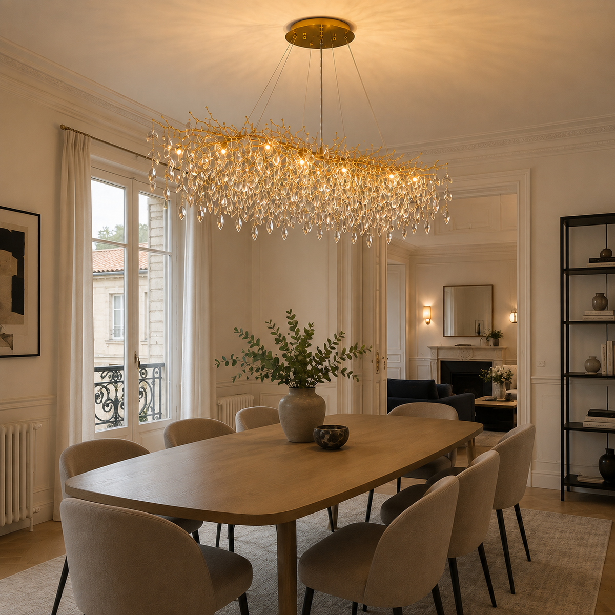 Lustre cristal linéaire doré Villandry au-dessus d'un îlot de cuisine