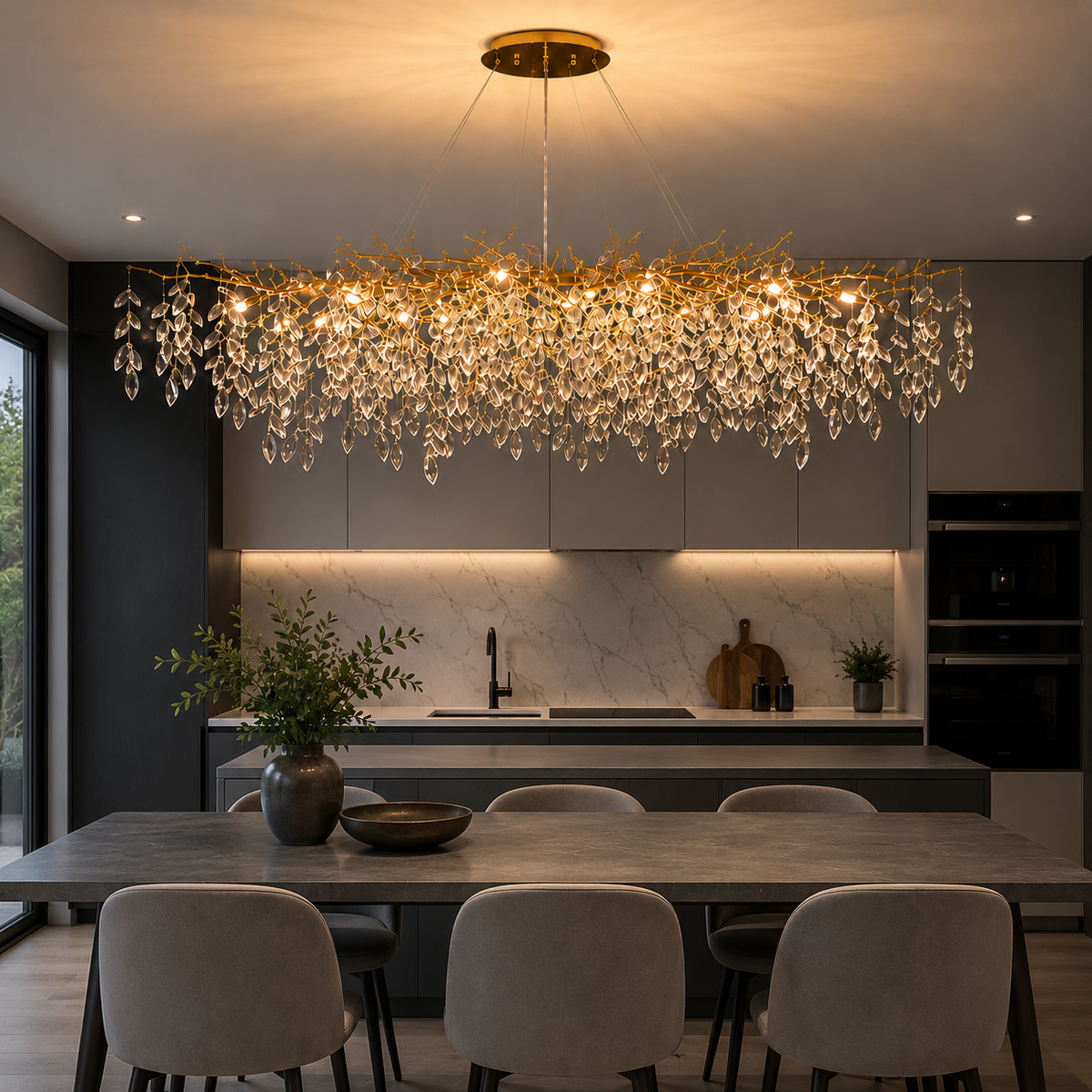 Lustre cristal LED Villandry doré au-dessus d'un îlot de cuisine