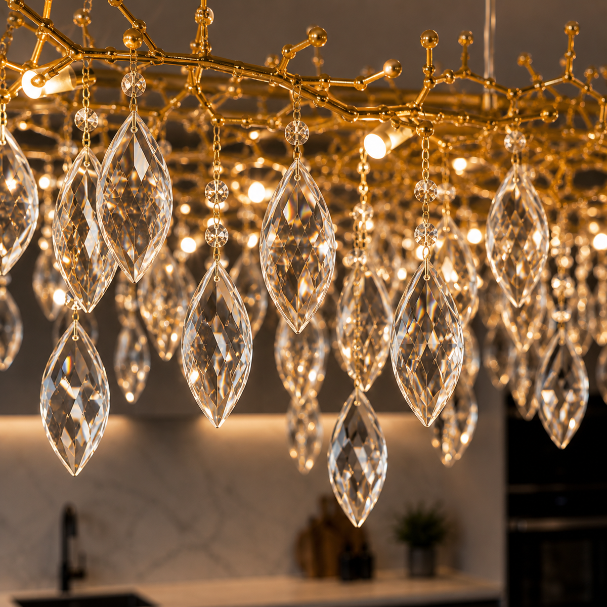 Suspension linéaire en cristal doré Villandry pour salon