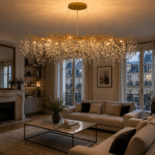 Lustre cristal linéaire doré Villandry, vue rapprochée des rangées de cristal
