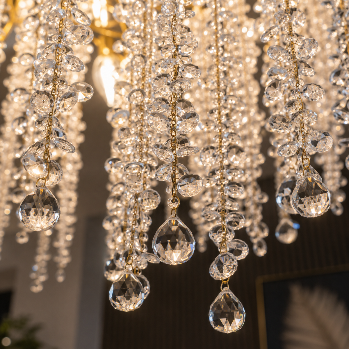 Lustre cristal doré Cheverny, style moderne à pampilles