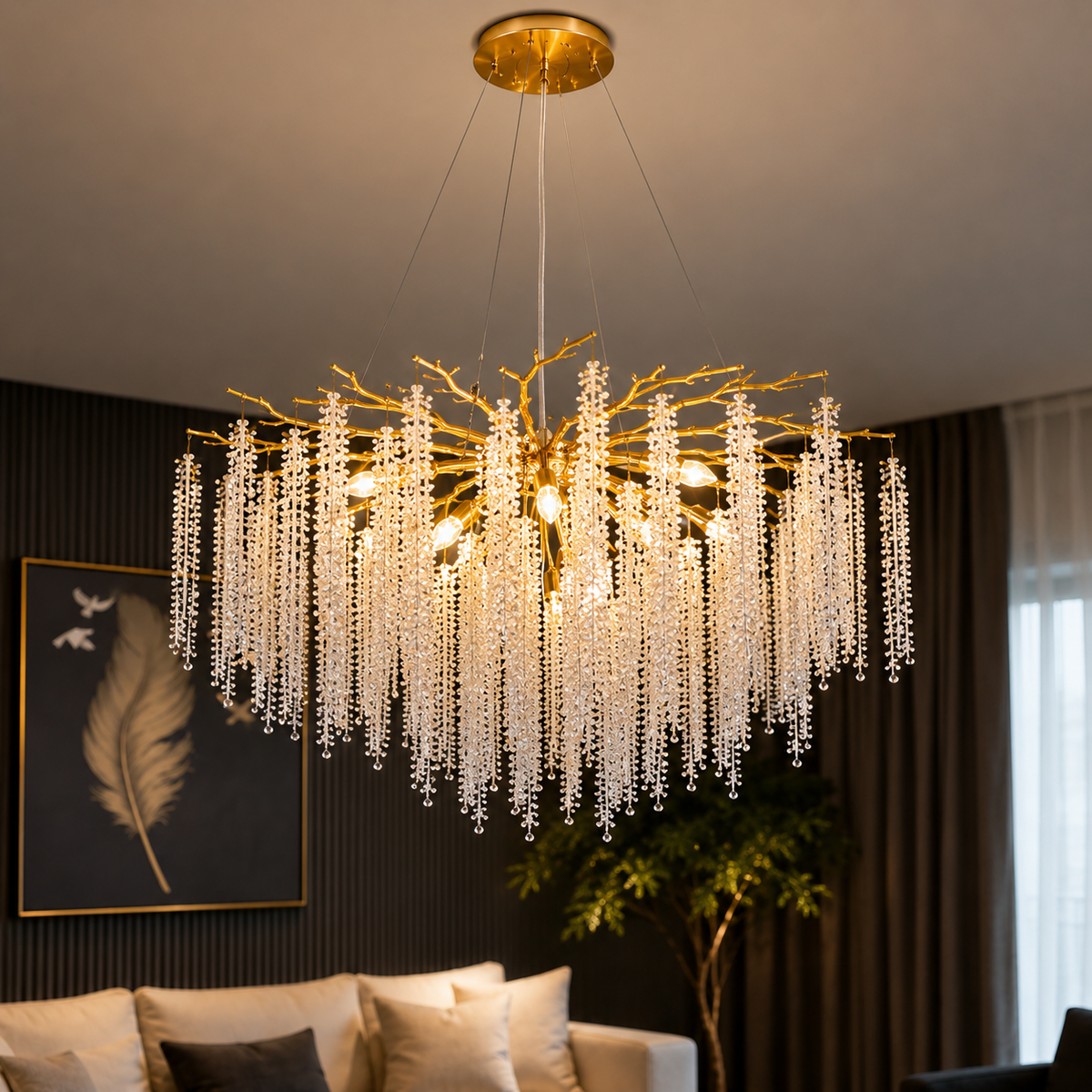 Lustre en cristal doré Cheverny à pampilles, LED intégrée