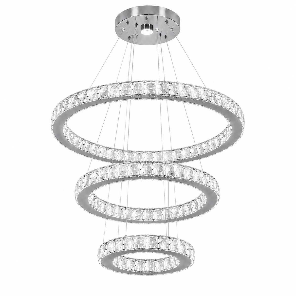Lustre Versailles à trois anneaux de cristal, finition argent