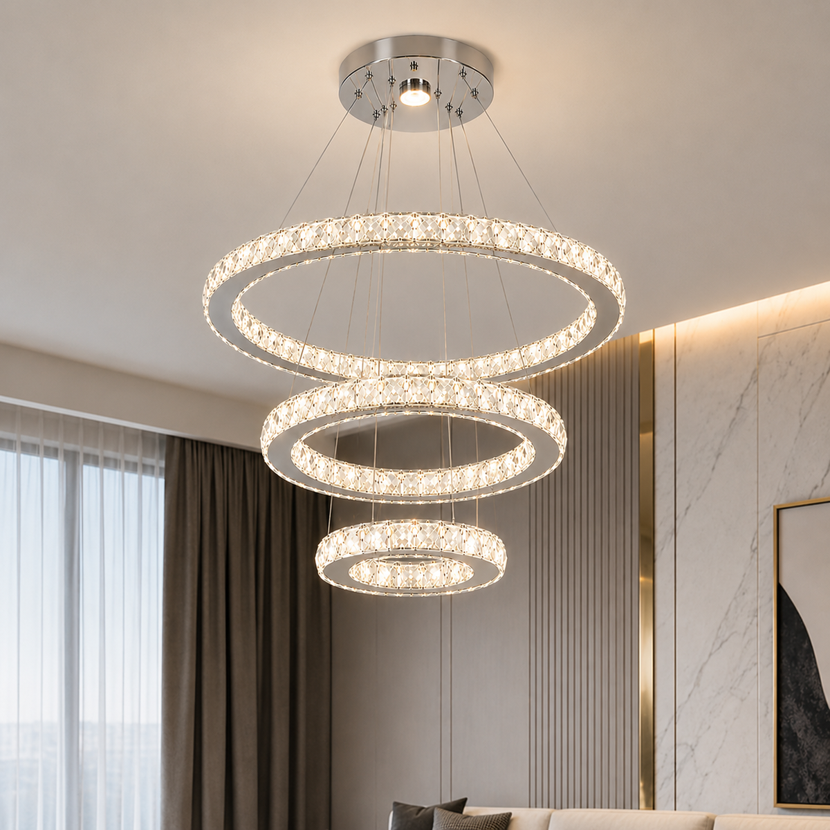 Lustre LED à anneaux en cristal Versailles, finition argent