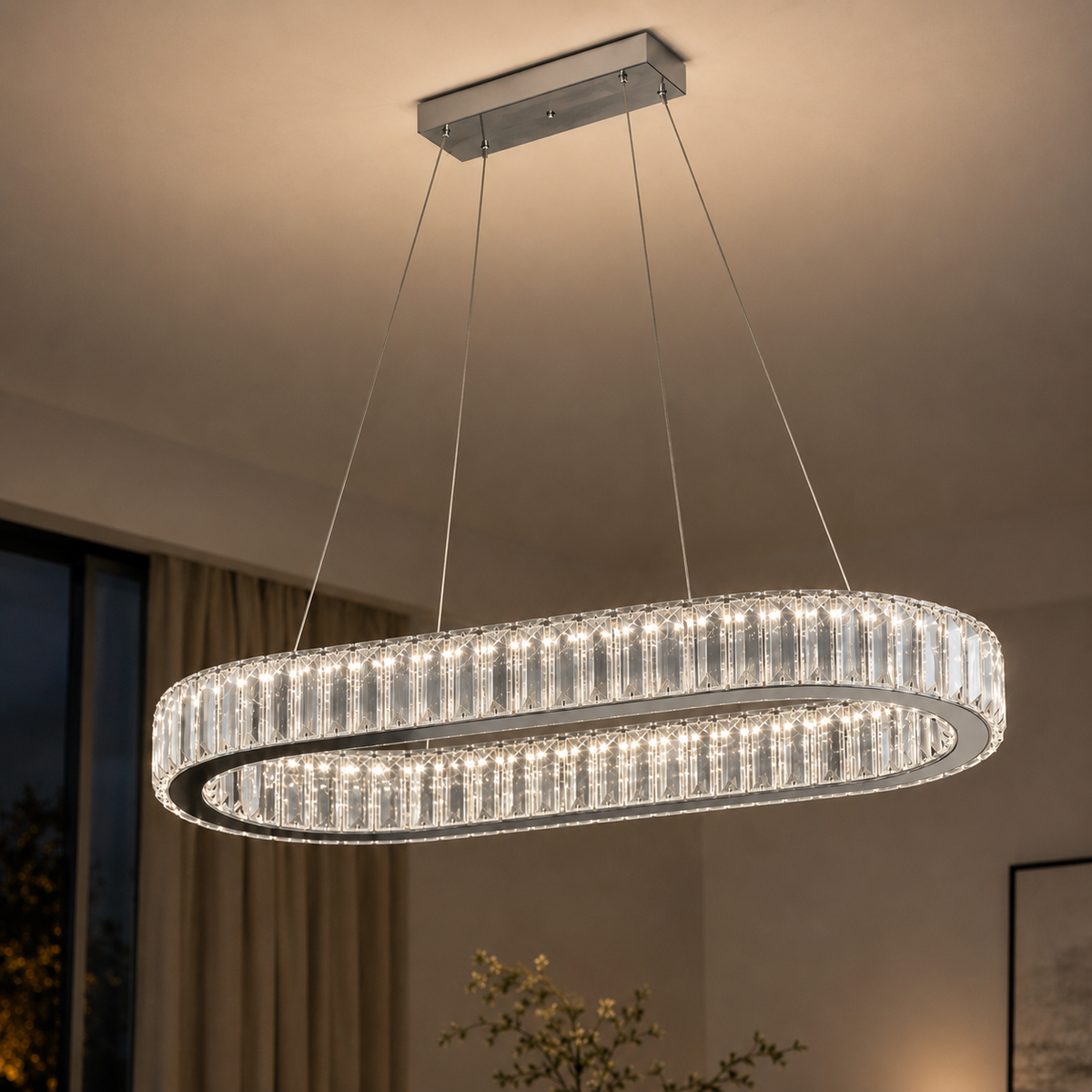 Lustre cristal ovale LED Chenonceau, finition argent