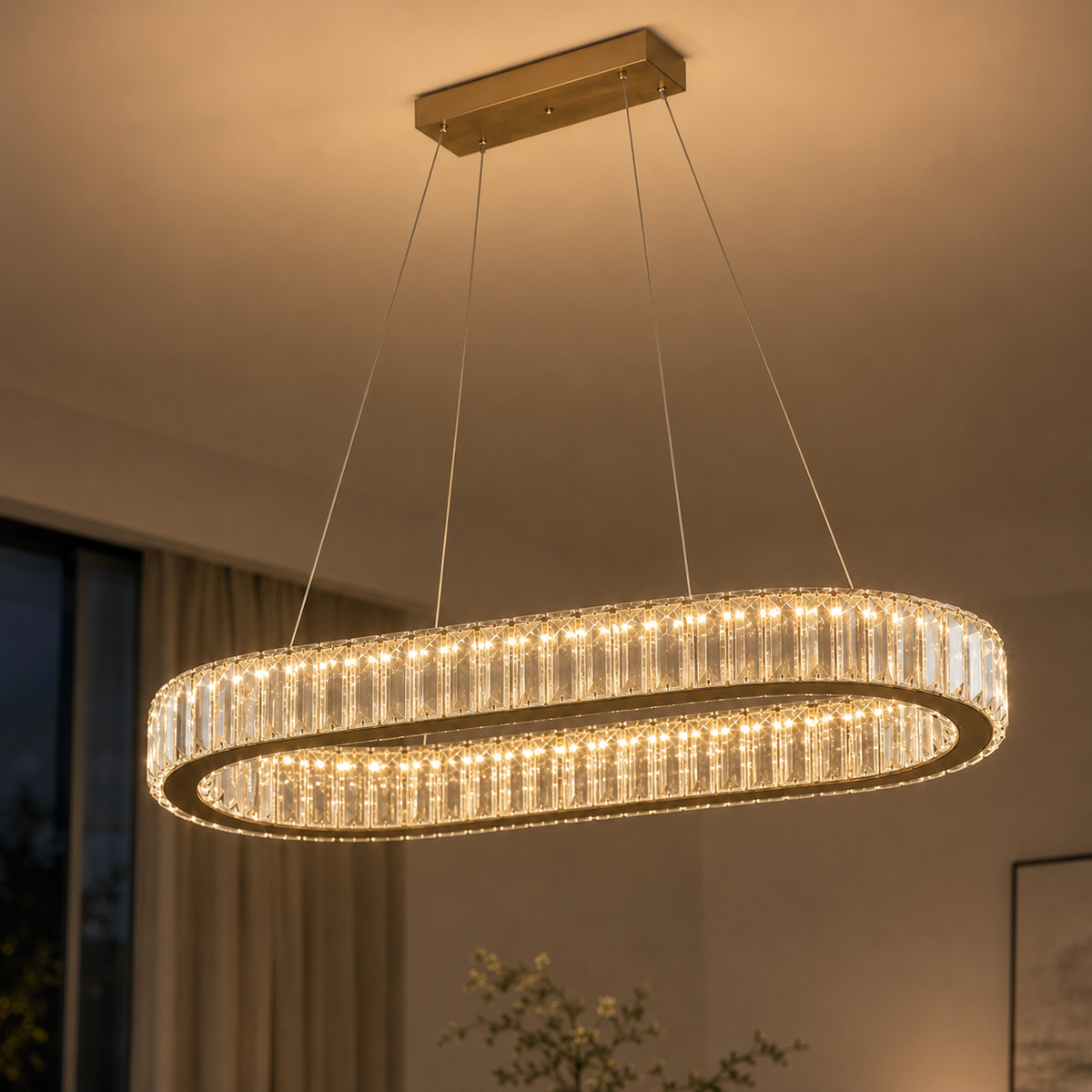 Lustre ovale en cristal doré Chenonceau à LED intégrée