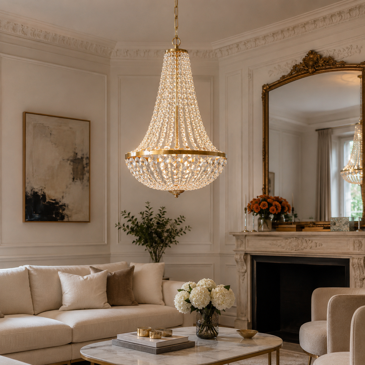 Lustre Empire en cristal doré Compiègne suspendu dans un salon élégant