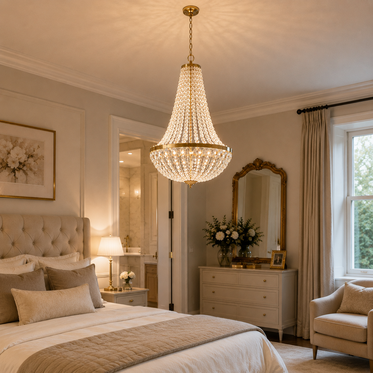 Lustre Empire en cristal doré Compiègne dans une chambre élégante