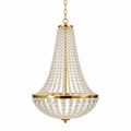 Lustre Empire en cristal de verre doré Compiègne, perles en cascade sur fond blanc