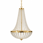 Lustre Empire en cristal de verre doré Compiègne, perles en cascade sur fond blanc