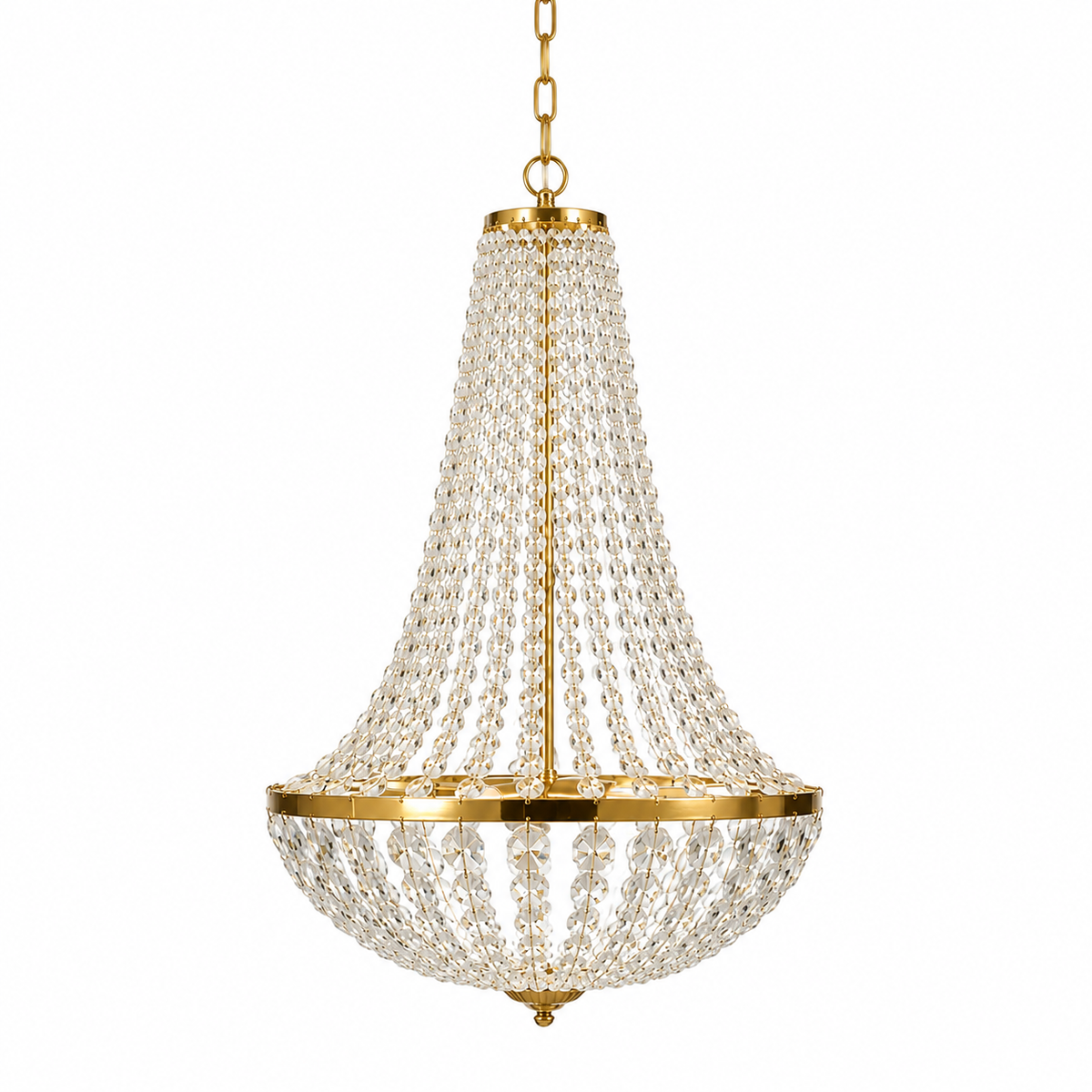 Lustre Empire en cristal de verre doré Compiègne, perles en cascade sur fond blanc