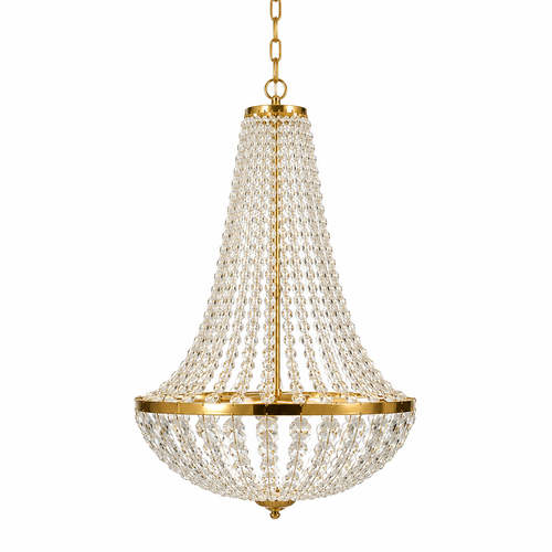 Lustre Empire en cristal de verre doré Compiègne, perles en cascade sur fond blanc