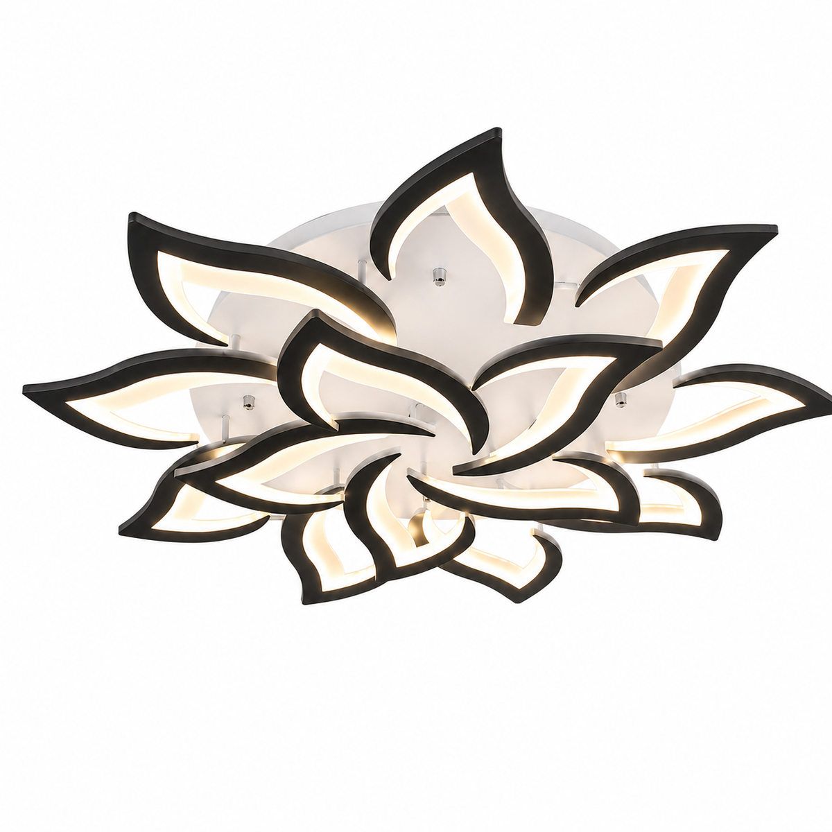 Plafonnier noir mat en forme de fleur de lotus au plafond d'un salon moderne