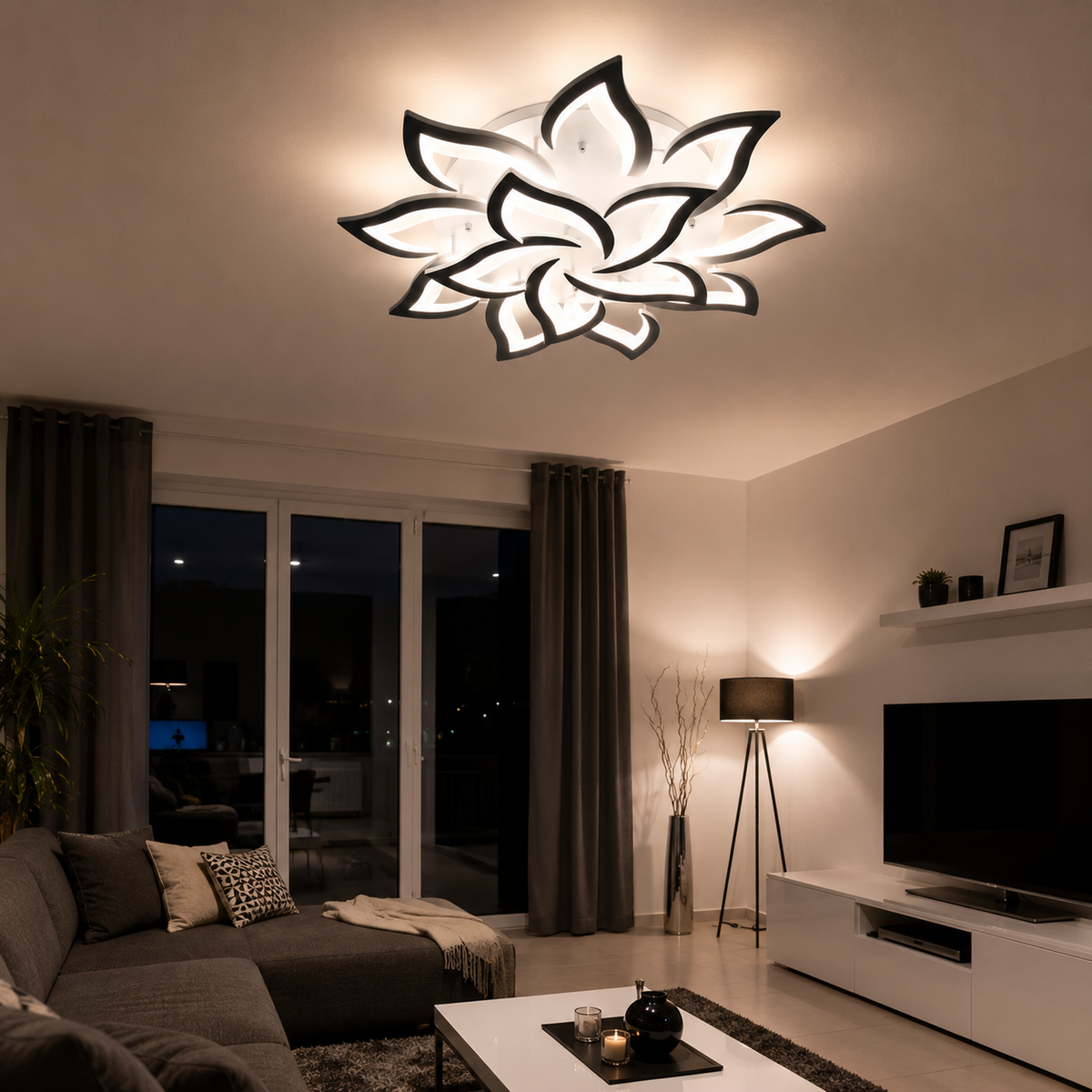 Plafonnier Lotus Amboise monté au ras du plafond, salon
