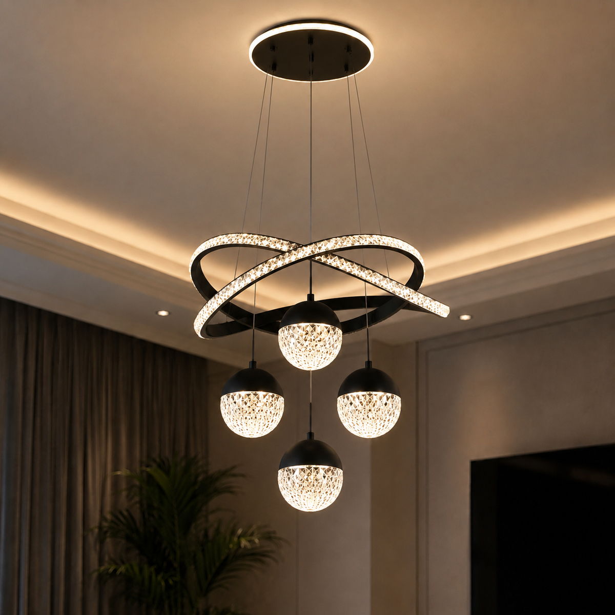 Lustre LED moderne Chambord en cristal, finition noire, dans un salon