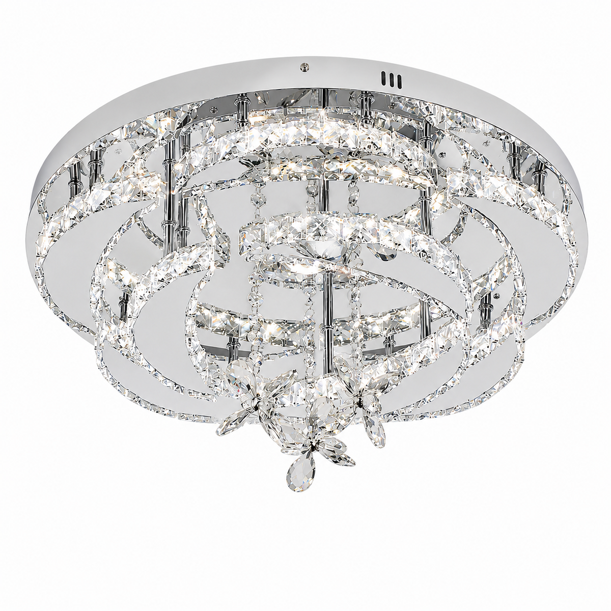 Plafonnier cristal K9 chromé à LED dimmable installé au plafond d'une chambre