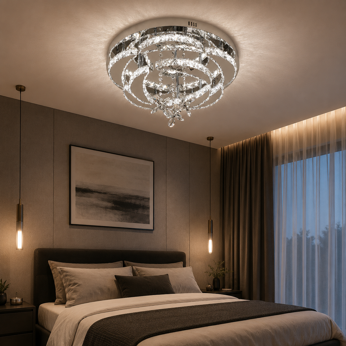 Plafonnier cristal K9 Fontainebleau chromé dans une chambre