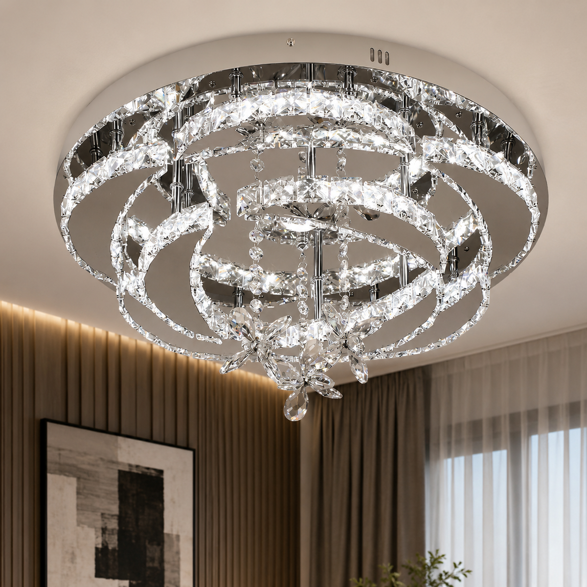 Plafonnier en cristal K9 chromé Fontainebleau, LED dimmable