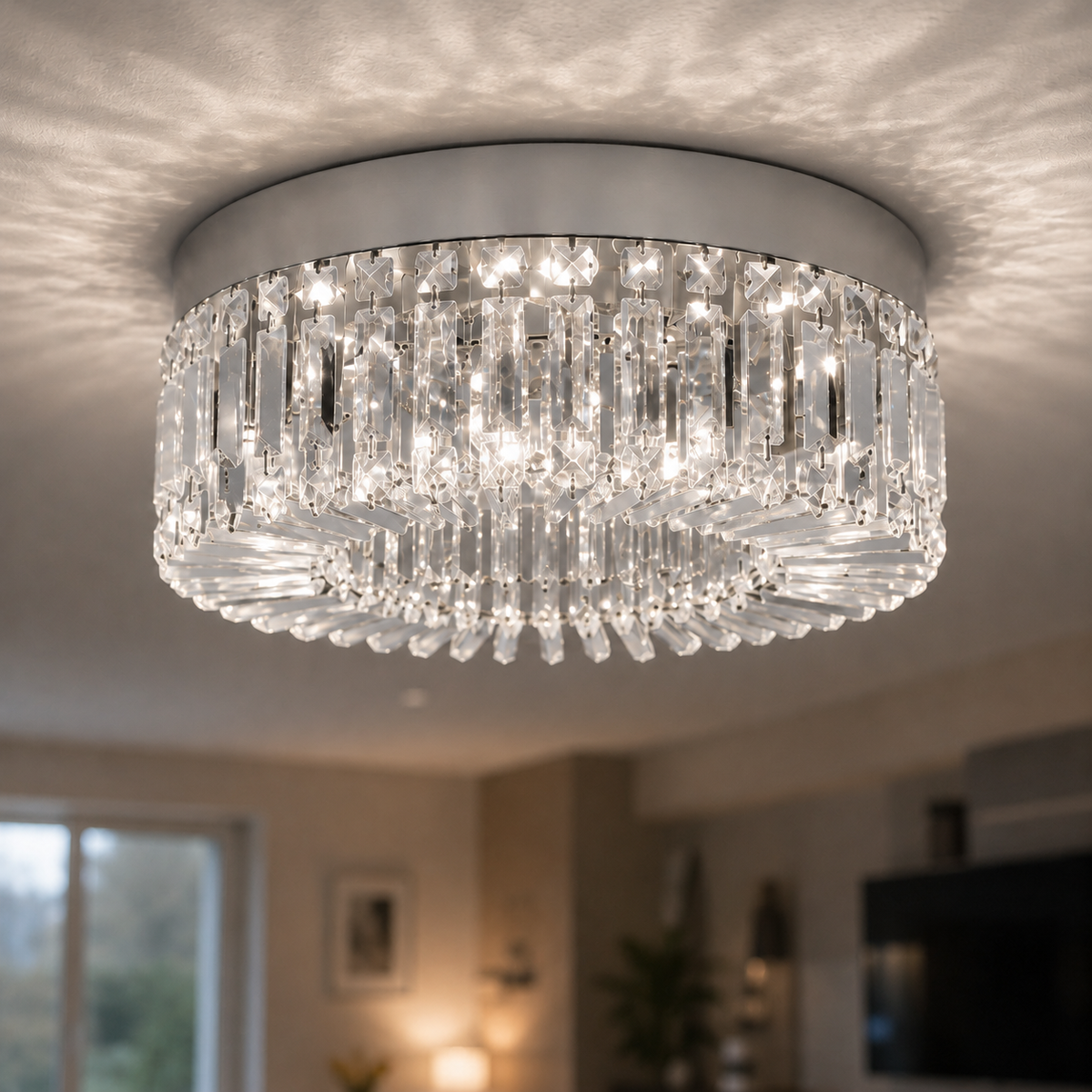 Plafonnier cristal LED Vaux-le-Vicomte argent dans un salon