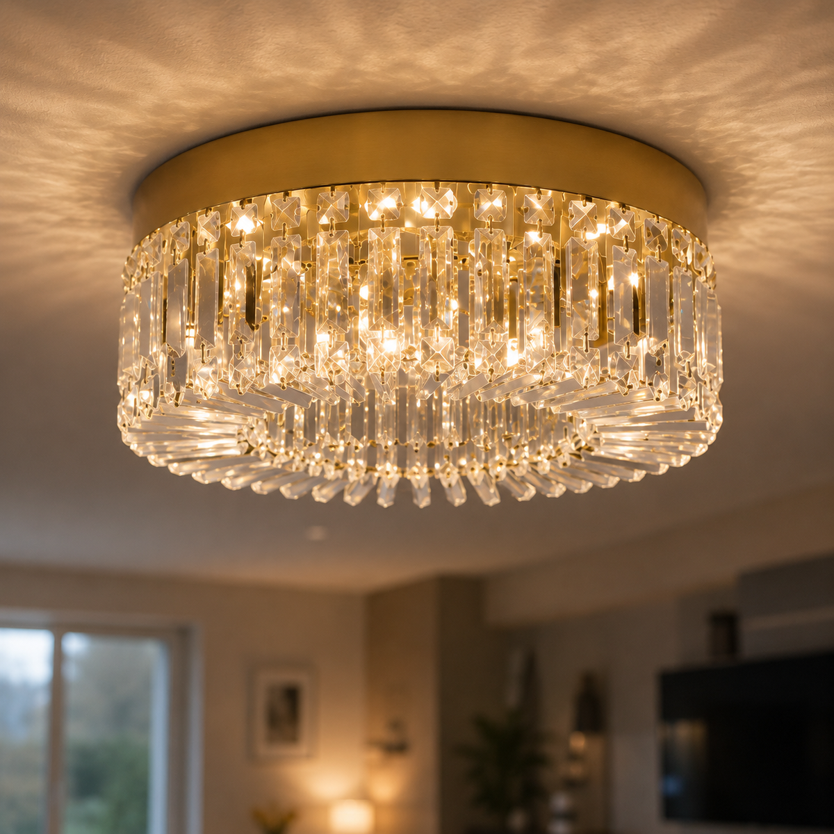 Plafonnier en cristal LED doré Vaux-le-Vicomte, salon moderne