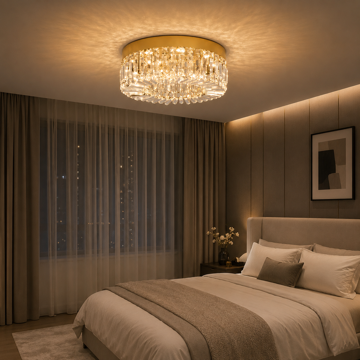 Plafonnier en cristal LED Vaux-le-Vicomte, finition or, dans un salon
