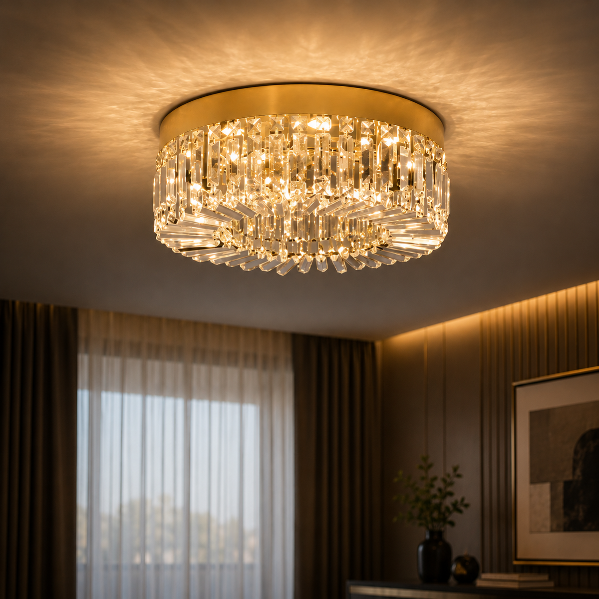 Plafonnier cristal doré Vaux-le-Vicomte monté au ras du plafond